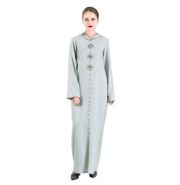 时尚摩洛哥女士长袖连帽连衣裙串珠水钻穆斯林连衣裙