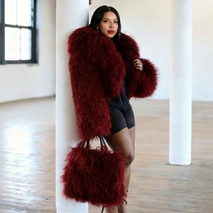 <span class=keywords><strong>Manteau</strong></span> d'hiver en fourrure épaisse et moelleuse Jxwatcher, <span class=keywords><strong>manteau</strong></span> <span class=keywords><strong>court</strong></span> en fourrure de mouton de Mongolie véritable avec grand col en fourrure et sac à main - Product Image 4