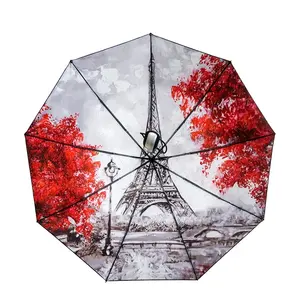 Portátil Uv Protect Viagem Torre Eiffel Impressão Guarda-chuva Compacto Auto Abrir E Fechar