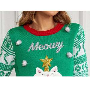 Wholesale Christmas <strong>Cat</strong> Meowy <strong>Jumper</strong> Crewneck Long Sleeve Pullover Decoration Ugly Jacquard Ribbed Sequin Knitted <strong>Women</strong> Sweaters - Product Image 4