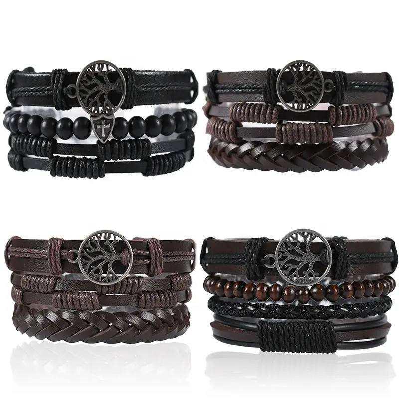 Men Multilayers Leather Crystal Rhinestone Tree Of Life Charm Bracelet Multilayer Leather Beads Wrap Bracelet