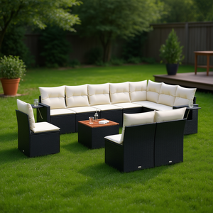 Conjunto de Sofá de Jardín de Ratán Negro con Cojines Crema, Muebles de Exterior de Diseño Contemporáneo, Mimbre de PE Resistente al Agua y a los Rayos UV - Product Image 2