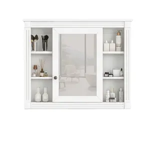 Muebles modernos Gabinete montado en la pared Tocador de vidrio Espejo rectangular Gabinete de espejo de baño blanco