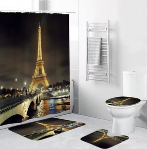 Ensemble 3D quatre pièces Tour Eiffel en polyester écologique : rideau de douche, tapis antidérapants et couvercle de toilette à motif paysage parisien - Product Image 2