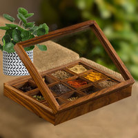Boîte à épices pour mélange de 12 récipients et cuillère, en bois, pour cuisine, conteneur en bois indien décoratif, M