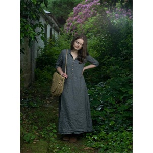 Mujeres amigables 100% Lino puro 3/4 manga frontal Coco botones Maxi vestido señoras tendencia Casual vestido de verano - Product Image 1