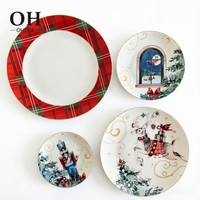 Assiettes de Présentation en Céramique Série Noël, Bord Doré, Motif Père Noël, Vaisselle en Porcelaine, Décoration de Mariage, Assiettes en Porcelaine Fine