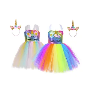 Wholesale Children Clothing Baby Unicorn Set Princess Pompous Dress Rainbow Sequins Tutu Dresses For Girls Kids