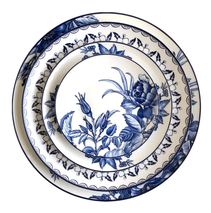 Fine blue flower ceramic porcelain dinner set luxury golden rim bone china crockery dinnerware plates