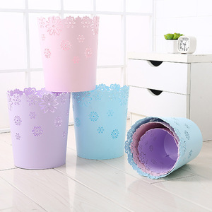 Plastic Trash Can Cylindrical Collapsible Floral Design Indoor Waste Bin Blue Purple Pink Mixed Colors - Product Image 1