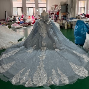 Robe de bal de Quinceañera Xss44 Mexico Garden, bleu poussière, avec appliques de dentelle, à volants, longueur ras du sol, style vintage naturel, pour soirée - Product Image 4