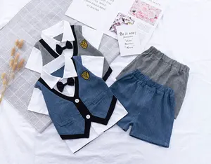 Setelan Pakaian Bayi Laki-laki, Atasan Lengan Pendek + Rompi + Celana Pendek 3 Potong, Setelan Pakaian Bayi Laki-laki Musim Panas Modis