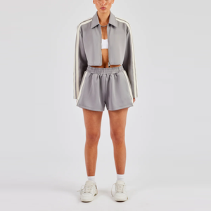 Ensembles d'entraînement à fermeture éclair personnalisés en usine Crop Top Sportswear Veste et short Survêtement Femmes Taping Harrington Jacket & Short - Product Image 6