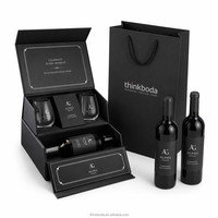 Coffret cadeau vin noir de luxe à double couche avec verres, emballage innovant en carton rigide noir mat à 2 niveaux