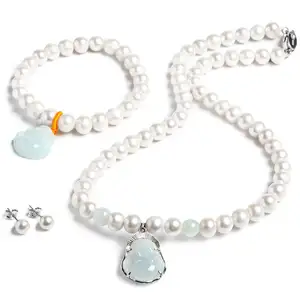Joyería de perlas certificada Pendiente Collar Esmeralda 925 Plata Buda Colgante Set Caja
