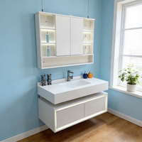 Ensemble de meuble-lavabo mural en céramique avec miroir LED en acier inoxydable pour salle de bain, idéal pour hôtels et usage familial