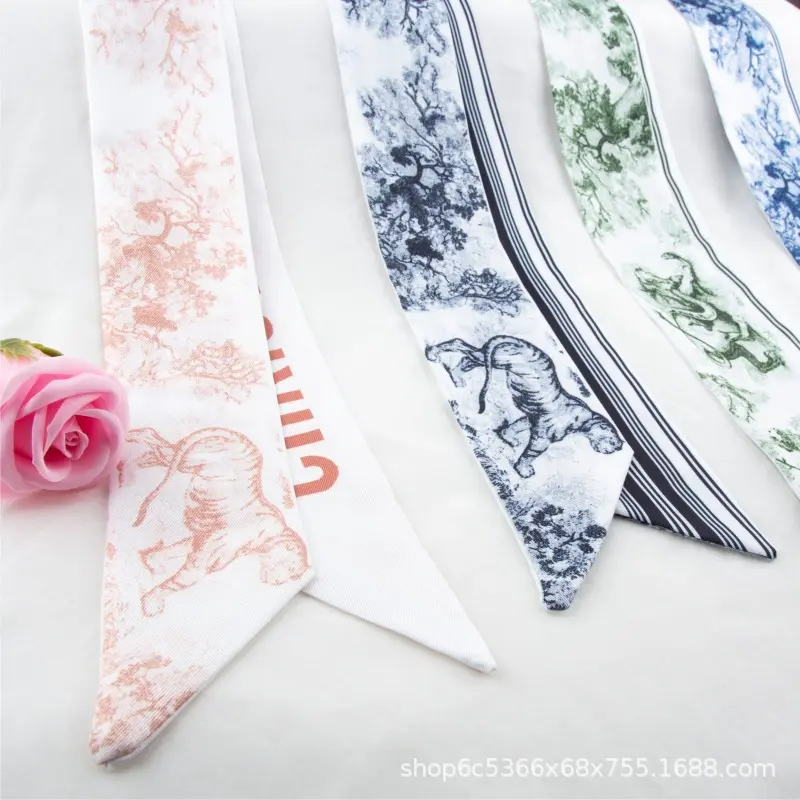 Bufandas largas de seda de diseñador para mujer al por mayor, cintas para el pelo para mujer, estampado de gasa, flores, letras, bufanda a cuadros, accesorios para el cabello