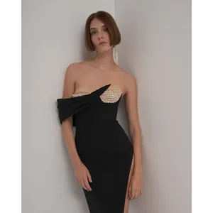 C3570 Mùa Hè Mới Châu Âu Và Mỹ Phụ Nữ Dệt Kim Midi Dress Đính Cườm Đen Sexy Ladies Cocktail Dress