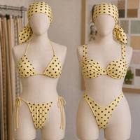 Premium ecovriendelijke op maat gemaakte bedrukte zigzag gestikte badkledinglijn fabrikant gele polka bikini set voor dames badpak