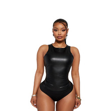 Women's Faux Leather Bodysuit Long Sleeve V Neck PU LeatherJumpsuit Romper