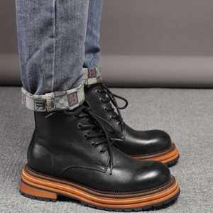 Autumn and Winter New Men's Boots Thick-Soled Boots Genuine Leather Men's Shoes Boots with Lace up and Zipper Combination - Product Image 5