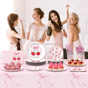 Décorations d'anniversaire cerise, assiettes et serviettes roses à nœud, fournitures de fête pour vaisselle de table sur le thème des fruits cerises - Product Image 4