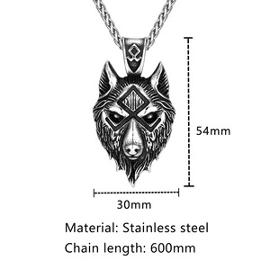Collier pendentif tête de loup en acier inoxydable style nordique, 60 cm, design géométrique, bijoux pour homme, cadeau - Product Image 4