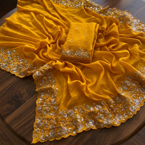 Designer indien dernier doux Crush soie Saree exclusif fête vêtements de mariage Saree pour femmes fille séquence travail jaune couleur Saree - Product Image 3