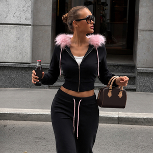 Women's Pink Faux Fur Trim Zip-Up Hoodie Jogger Pants Two-Piece <b>Set</b> Eco-Friendly Breathable Fall Winter Loose Casual Sportswear - Product Image 5