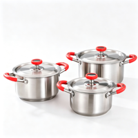Ensemble de 6 casseroles en acier inoxydable, ustensiles de cuisine rouges avec couvercles en verre, casseroles et poêles