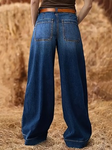 Jeans à poche sur le devant pour femmes, jambe large, ample, taille haute, <span class=keywords><strong>style</strong></span> boyfriend, jambe droite, denim extensible - Product Image 5