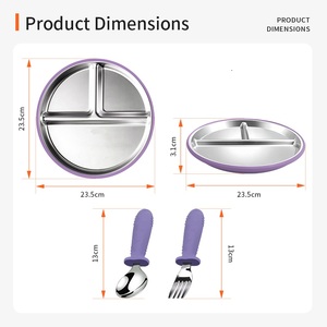 Assiette de contrôle des portions en acier inoxydable SUS304 avec base en silicone, kit d'ustensiles manuels sécurisés pour l'alimentation des nourrissons - Product Image 1