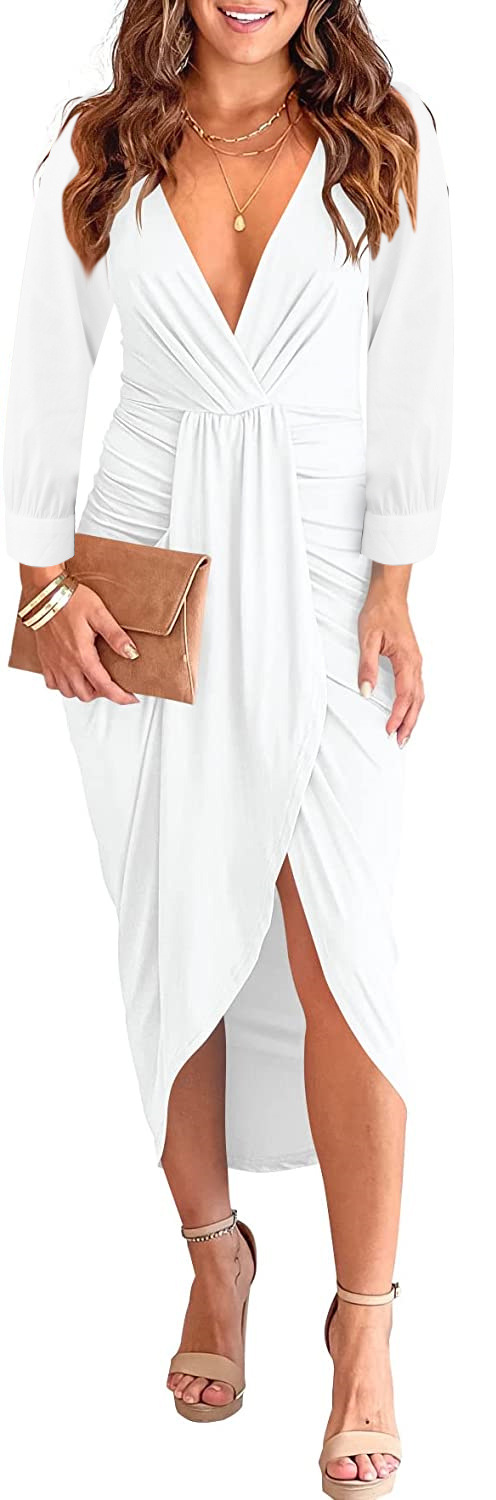 Classic Twist Knot Front Solid Color Pleated Buttock Split Dress Women's  Sexy Long Sleeve Deep V Neck Midi Dress| Alibaba.com