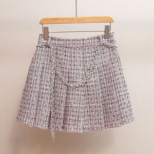 Primavera e autunno girocollo in <span class=keywords><strong>Tweed</strong></span> lana elegante tinta unita manica lunga con borchie di diamanti + gonna a-linea plissettata abito da donna - Product Image 4