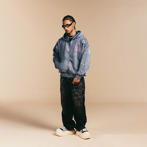 Sudadera tipo cárdigan de moda con capucha, de la <span class=keywords><strong>serie</strong></span> Crystal, con textura vaquera, adornada con pedrería, de poliéster/algodón, con transferencia en frío - Product Image 3