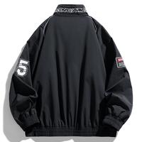 Blouson Bomber Court Noir Style Baseball pour Hommes, Motif Graphique de Course, Logo Brodé, Veste Moto, Vente en Gros