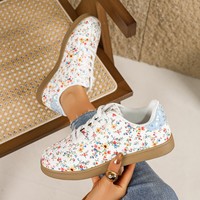 Baskets basses à lacets pour femmes, à bout arrondi, imprimé floral coloré, semelle en caoutchouc, chaussures décontractées pour la marche quotidienne