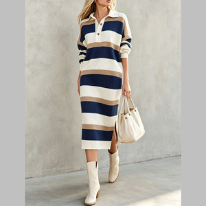 Nuovi Arrivi: Abito Midi in Maglia da Donna a Righe Colorate con Colletto, Maniche Lunghe e Spacco Laterale, Collezione Autunno 2026 - Product Image 4