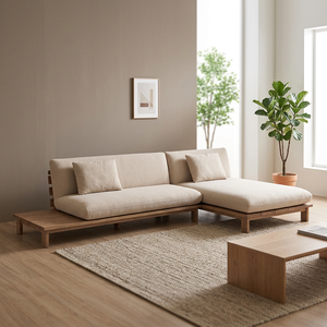Modern Teak <b>Wood</b> L Shape Three Seat <b>Sofa</b> Minimalist Japanese Style Nordic Fabric Sectional Low Profile Living Room Furniture - Product Image 3