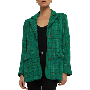 High Quality Custom Long Sleeve Button up V Neck Pocket <strong>Green</strong> Tassels <strong>Sequin</strong> Tweed Long Blazer <strong>Jacket</strong> - Product Image 1