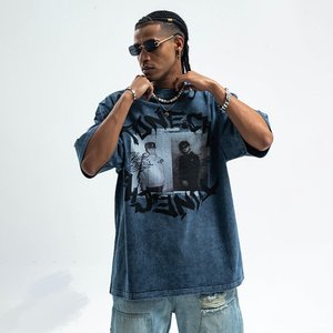 T-shirt homme bleu délavé surdimensionné avec imprimé graphique, style streetwear, décontracté, pour l'été - Product Image 3
