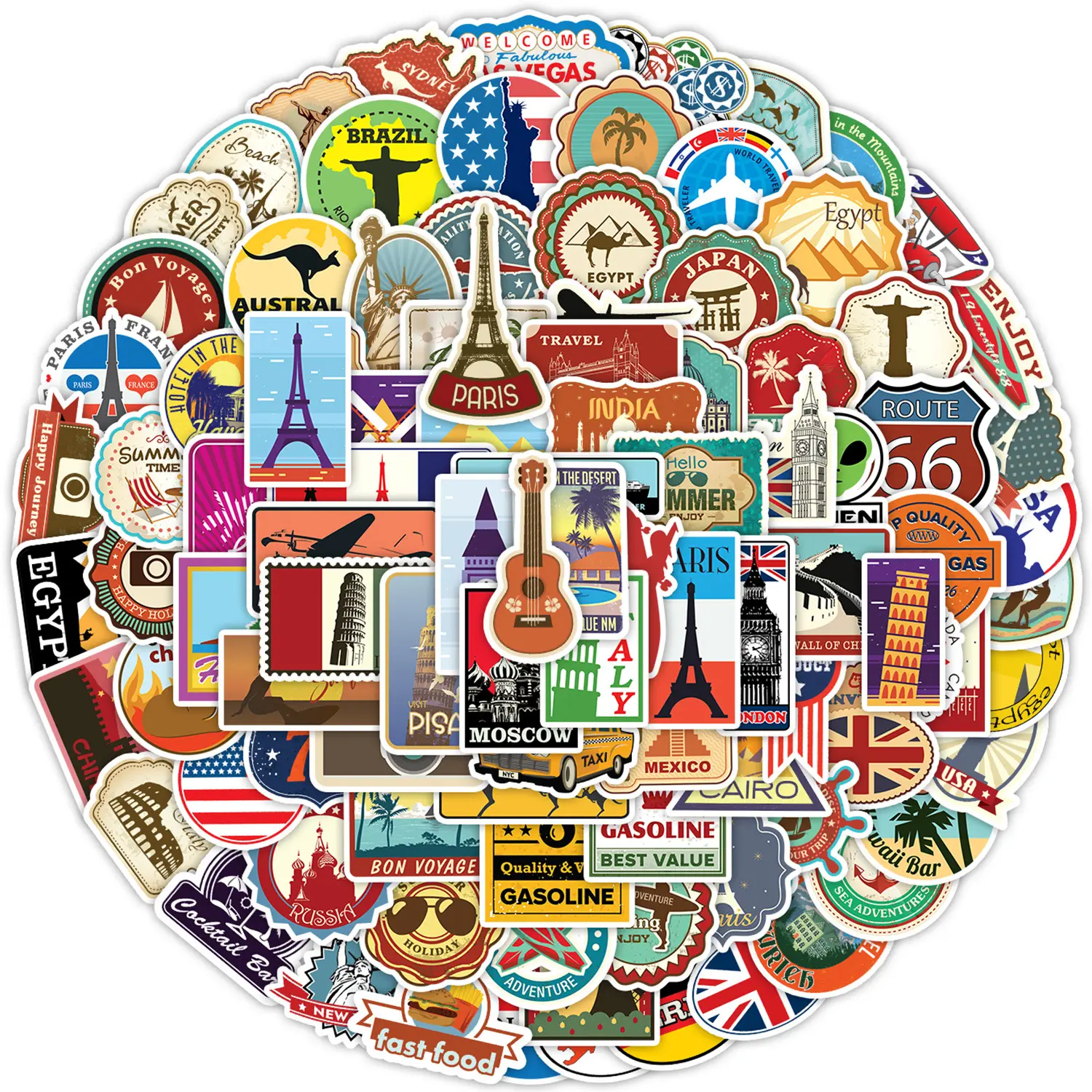 100Pcs New World Travel Landmark Graffiti Stickers For Luggage Notebook Waterproof Country Famous Building Sticker