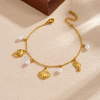 Pulsera de Acero Inoxidable Chapada en Oro de 18k con Colgante de Perla, Concha y Caballito de Mar, Estilo Vacaciones en la Playa, Joyería Impermeable TGSL5683
