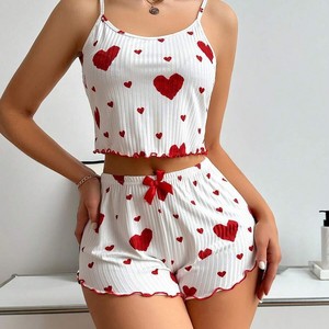 Pigiama da Donna Completo Nuovo in Maglia Stile Dolce Europeo Americano 2026 con Stampa a Cuori a Costine e Vita Elastica Primaverile - Product Image 2