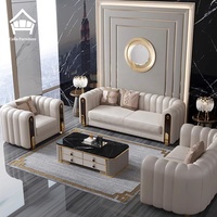 Luxuriöses Echtleder-Sofa-Set mit Goldring-Griff und Holzarmlehne - Komplettlösung für Wohnzimmermöbel in Villen