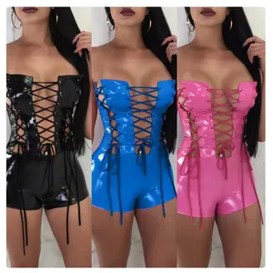 Custom Pu leather lady jumpsuit women elegant romper sexy womens bodycon playsuit bodysuits for women one piece jumpsuits, plays