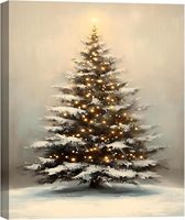 Arbre de Noël enneigé avec lumières féériques chaudes, art mural, impression vintage hivernale, toile encadrée, décoration de maison pour les fêtes