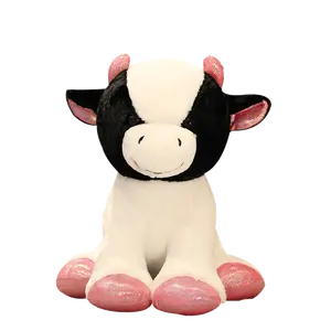 Wholesale beautiful soft plush sitting dairy cattle farm animal doll stuffed milk cow bolster with pink horn,ear inner,feet,hand