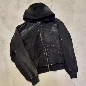 Hoodie Prancis Terry kelas berat Logo kustom Rivet berlian imitasi cuci asam Hoodie pria Streetwear ritsleting penuh - Product Image 1