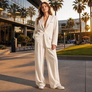 Ensemble <span class=keywords><strong>tailleur</strong></span> <span class=keywords><strong>pantalon</strong></span> femme en gros, coupe décontractée et ample, blazer à revers crantés, <span class=keywords><strong>pantalon</strong></span> large, couleur unie, respirant, style California Creative - Product Image 4